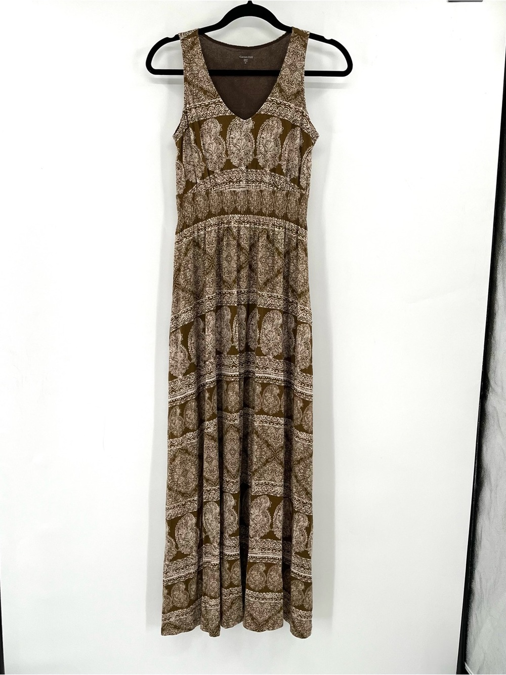 GARNET HILL Easy Smocked Maxi Dress Olive Green Sleeveless Boho Paisley TencelXS